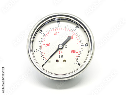 Closeup of a high pressure manometer on white background.