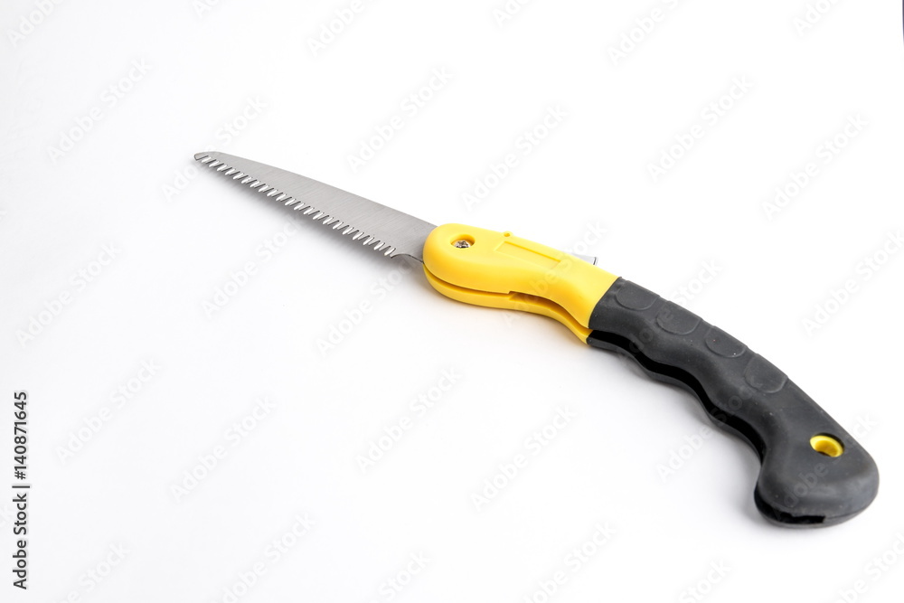 Folding garden hacksaw black-yellow saw on white background, saw with handle lock Folding garden hacksaw black-yellow saw on white background, saw with handle lock