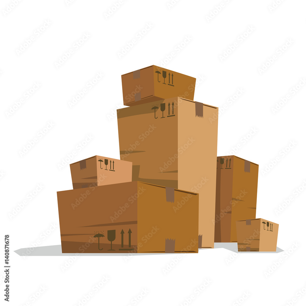 Vector image of six light brown cardboard boxes of big and small sizes, standing on a white background. Trucking, delivery, logistics, packaging. Vector illustration. Vector image of six light brown cardboard boxes of big and small sizes, standing on a white background. Trucking, delivery, logistics, packaging. Vector illustration.