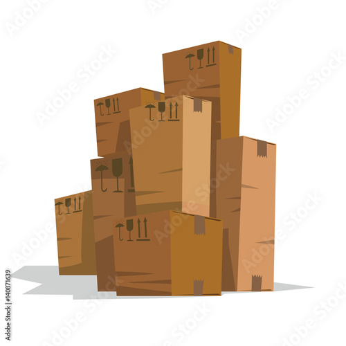 Vector image of seven long light brown cardboard boxes of different sizes standing on a white background. Trucking, delivery, logistics, packaging. Vector illustration.