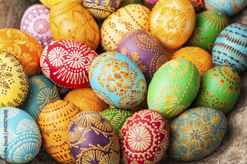 Easter eggs, Paschal eggs collection, decorated with beeswax - to celebrate Easter. Its old tradition in Lithuania, Eastern Europe.
