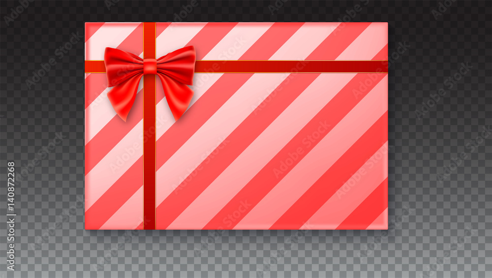 Obraz premium Gift box with big red bow and ribbon, isolated on transparent background. Top view on gift packaged in a paper with pattern