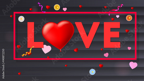 Love typography, large red heart in the form of an inflatable, scarlet balloon. Top view, composition with candles, tinsel and confetti on black wooden background. Template for creative persons