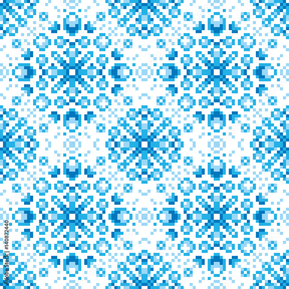 Vector abstract seamless pixel blue pattern made of small squares on a white background. Mosaic, background, embroidery, wallpaper, kaleidoscope, mandala. Vector illustration.
