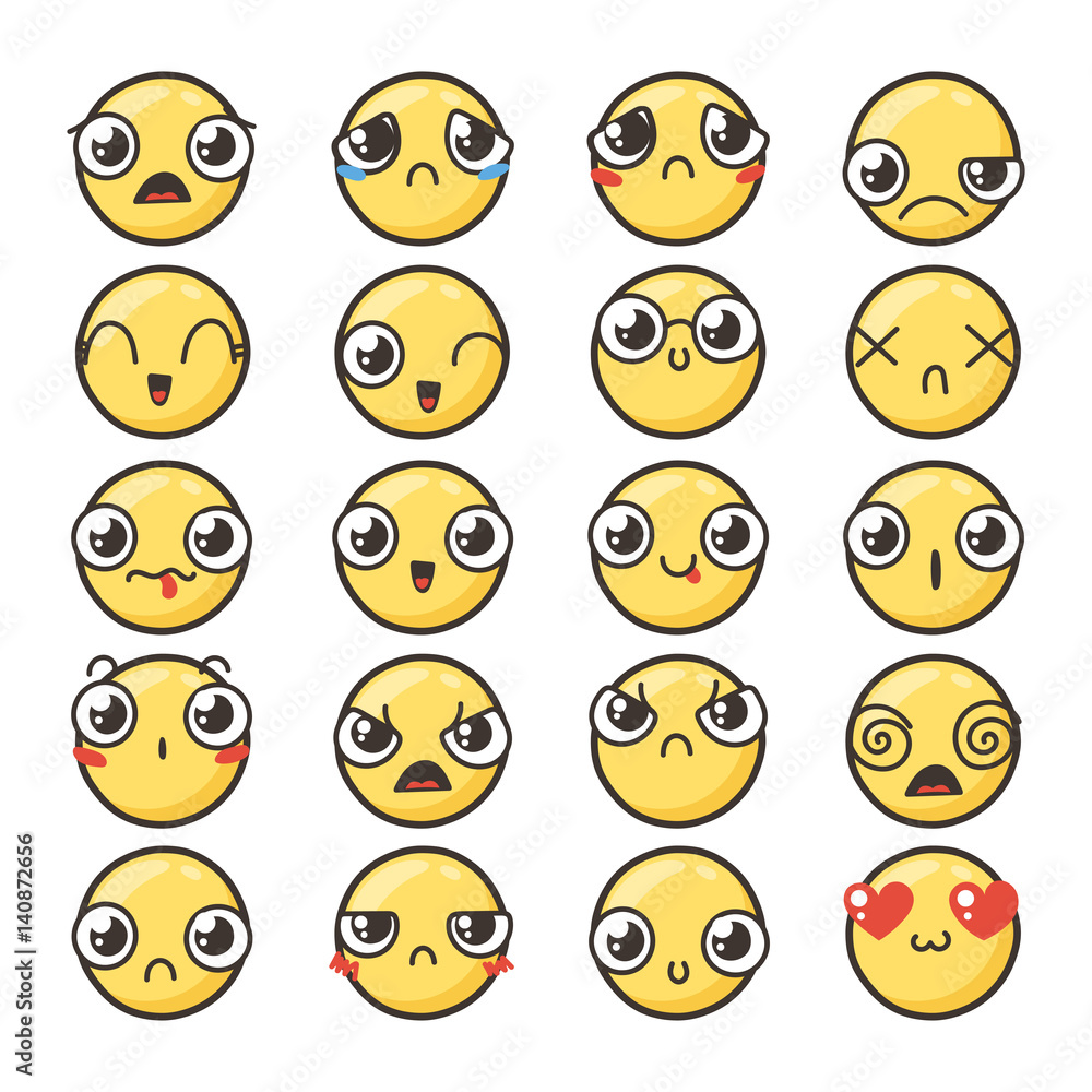 Set of cute lovely kawaii emoticon.