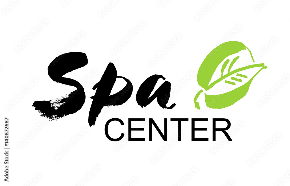 Spa center. Ink hand drawn lettering with a green leaf. Modern brush vector calligraphy Spa center. Ink hand drawn lettering with a green leaf. Modern brush vector calligraphy