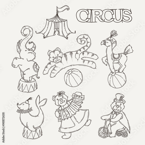 Circus cartoon icons collection with chapiteau tent and trained wild animals.