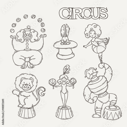 Circus cartoon icons collection with chapiteau tent and trained wild animals.