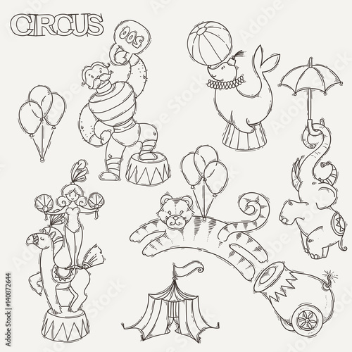 Circus cartoon icons collection with chapiteau tent and trained wild animals.