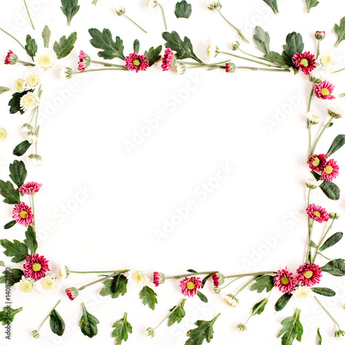 Frame wreath with red and white wildflowers, green leaves, branches on white background. Flat lay, top view. Flower background. © Floral Deco