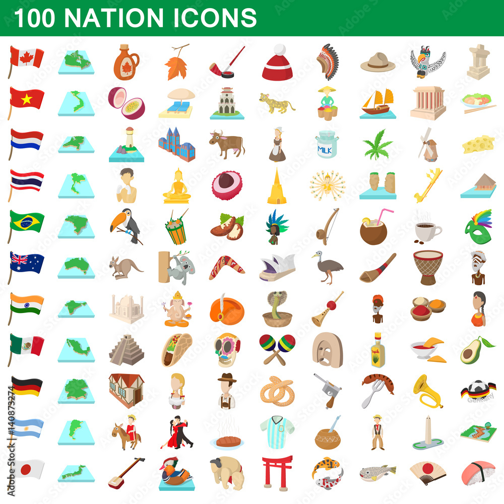 100 nation icons set, cartoon style