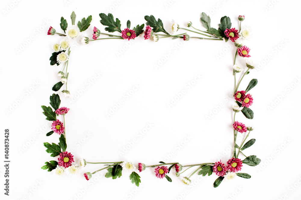 Frame wreath with red and white wildflowers, green leaves, branches on white background. Flat lay, top view. Flower background. Frame wreath with red and white wildflowers, green leaves, branches on white background. Flat lay, top view. Flower background.