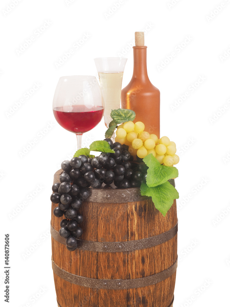 Grapes and wooden barrel on a white backgroun