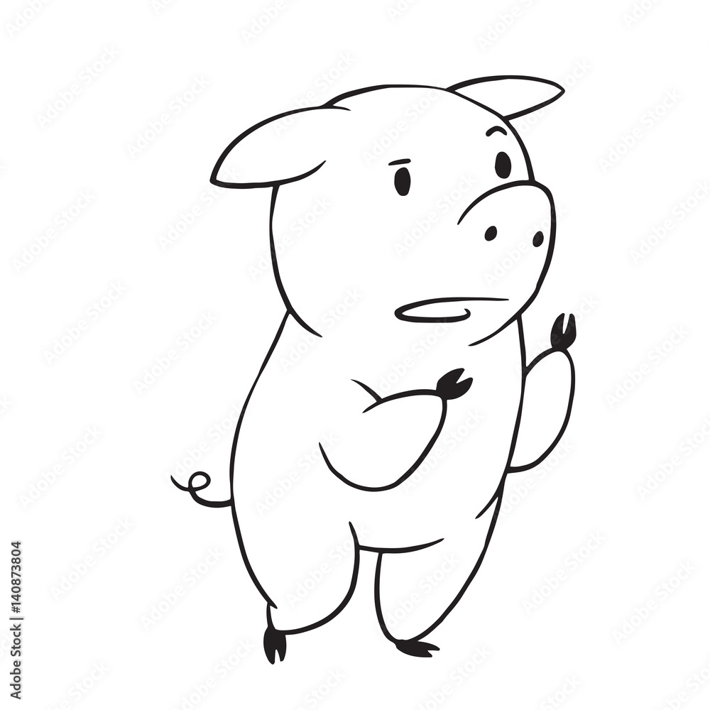 Fototapeta premium Vector cartoon image of a funny plump pig standing on her hind hooves and wondering on a white background. Made in monochrome style. Positive character, farm. Line art. Vector illustration.