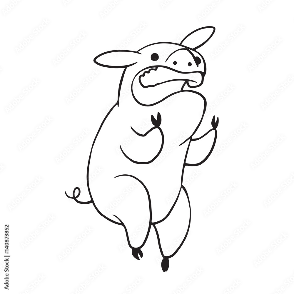 Vector cartoon image of a funny plump pig standing on her hind hooves and angrily shouting on a white background. Made in monochrome style. Positive character, farm. Line art. Vector illustration. Vector cartoon image of a funny plump pig standing on her hind hooves and angrily shouting on a white background. Made in monochrome style. Positive character, farm. Line art. Vector illustration.