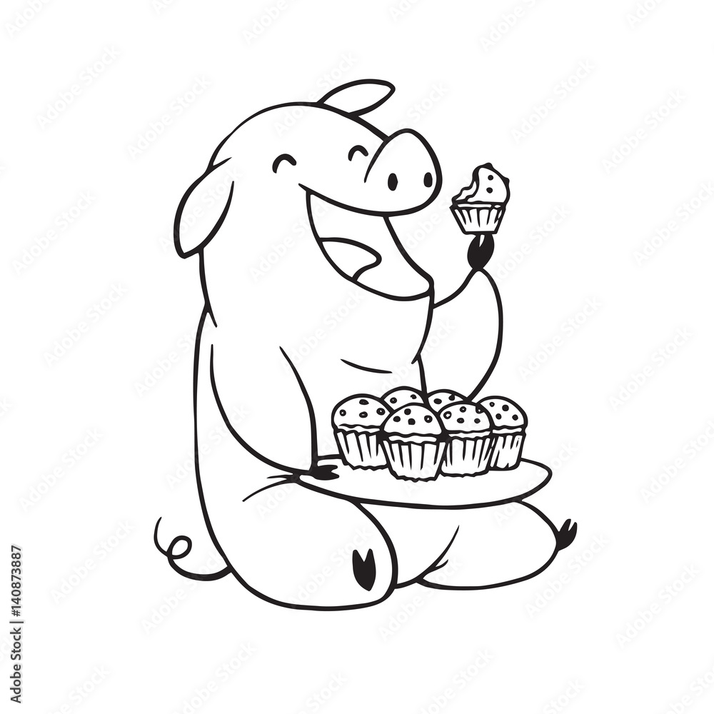 Vector cartoon image of a funny plump pig sitting and eating cupcakes