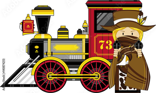 Cartoon Wild West Cowboy and Steam Train
