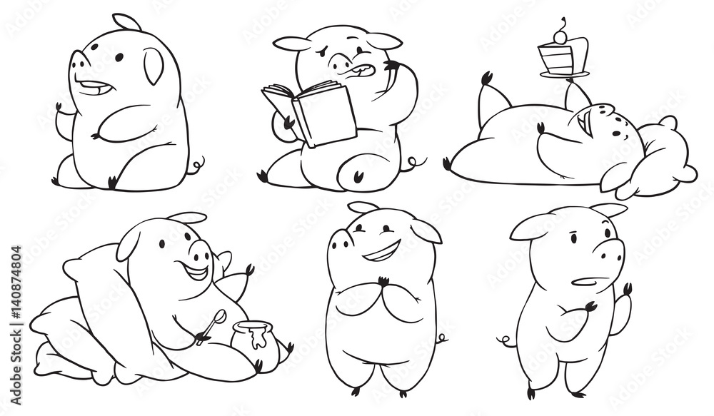 Vector set of cartoon images of funny plump pigs in different poses with different emotions on a white background. Made in monochrome style. Positive character, farm. Line art. Vector illustration. Vector set of cartoon images of funny plump pigs in different poses with different emotions on a white background. Made in monochrome style. Positive character, farm. Line art. Vector illustration.
