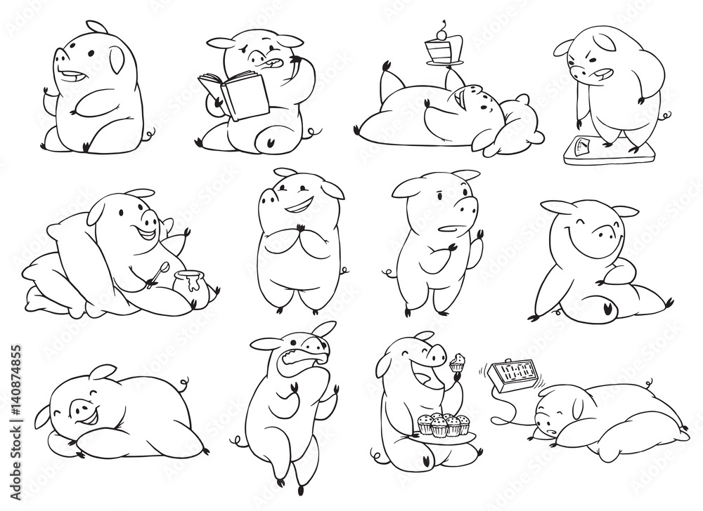 Vector set of twelve cartoon images of funny plump pigs in different poses with different emotions on white background. Made in monochrome style. Positive character, farm. Line art Vector illustration Vector set of twelve cartoon images of funny plump pigs in different poses with different emotions on white background. Made in monochrome style. Positive character, farm. Line art Vector illustration