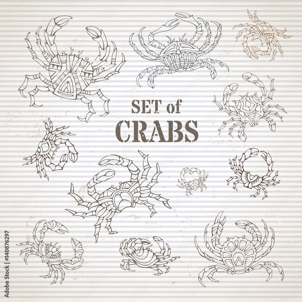 Naklejka premium Vector set of doodles hand-drawn crab symbols.