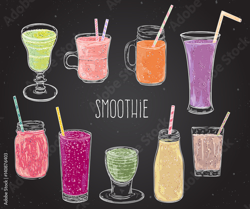 Smoothie set on chalkboard. Healthy food. Isolated elements. Hand drawn vector illustration in sketch style