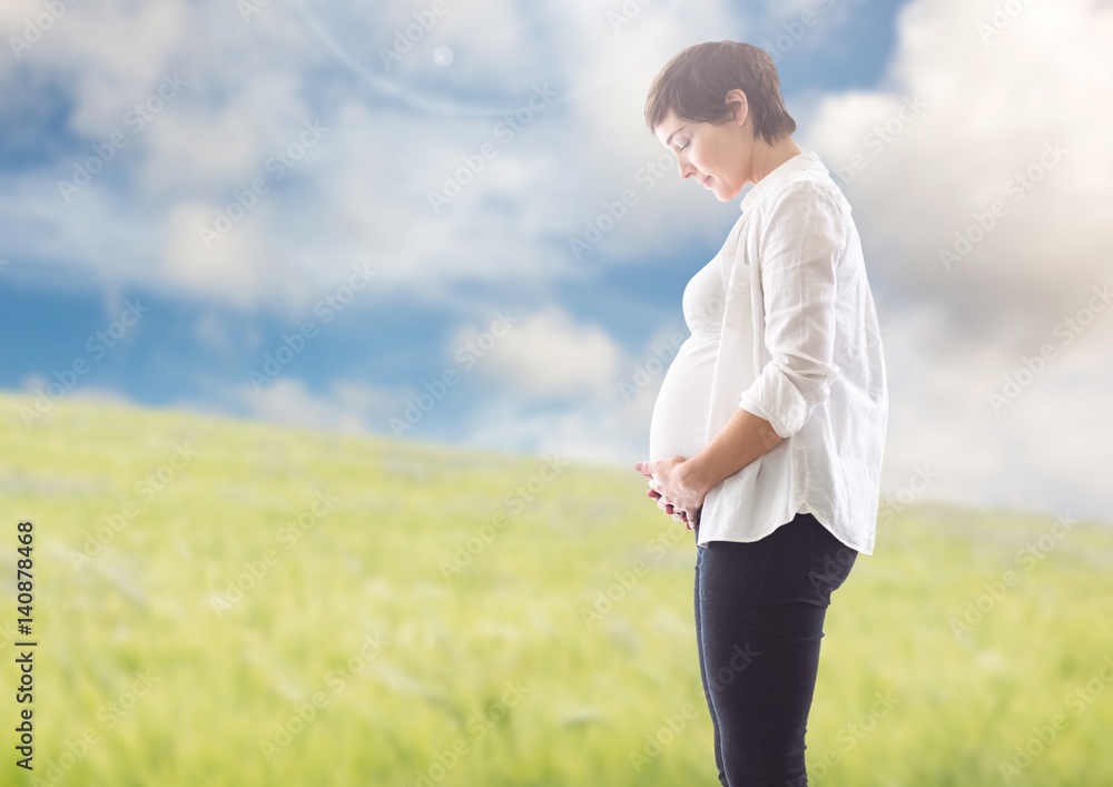 Smiling pregnant woman touching around the abdomen Smiling pregnant woman touching around the abdomen