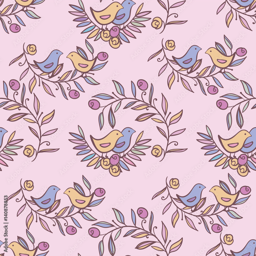 Fototapeta premium Vintage Floral Seamless Background with Birds