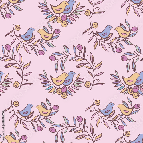 Vintage Floral Seamless Background with Birds