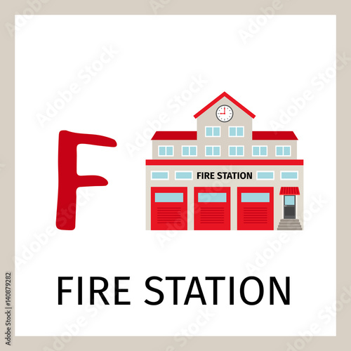 Alphabet card with fire station building