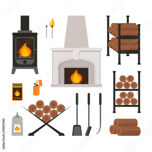 Cartoon Fireplace Icons Set. Vector