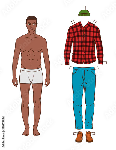 Fashionable dark skin Man with clothes. Modern clothing ,casual hipster style for man. Hand drawn stylish outfit for young man.