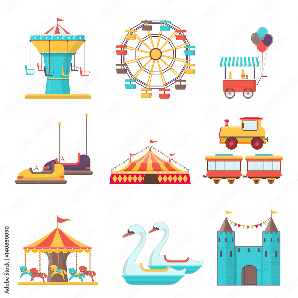 Set of amusement park elements on white background Set of amusement park elements on white background