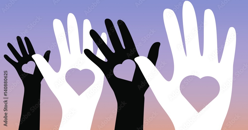 Fototapeta premium Illustration of black and white hands with heart shapes