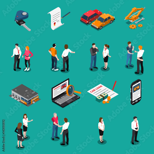 Car Dealership Isometric Icons Set