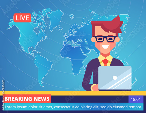 Handsome young tv newscaster man reporting breaking news sitting in a studio with world map on background. Modern vector illustration.