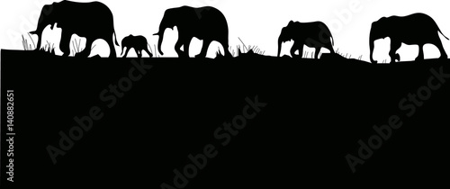  silhouettes of elephants cross africa on black isolated.