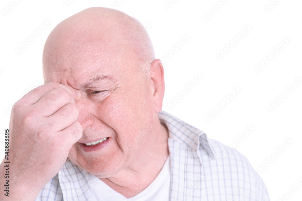 Mature man suffering from pain on white background Mature man suffering from pain on white background