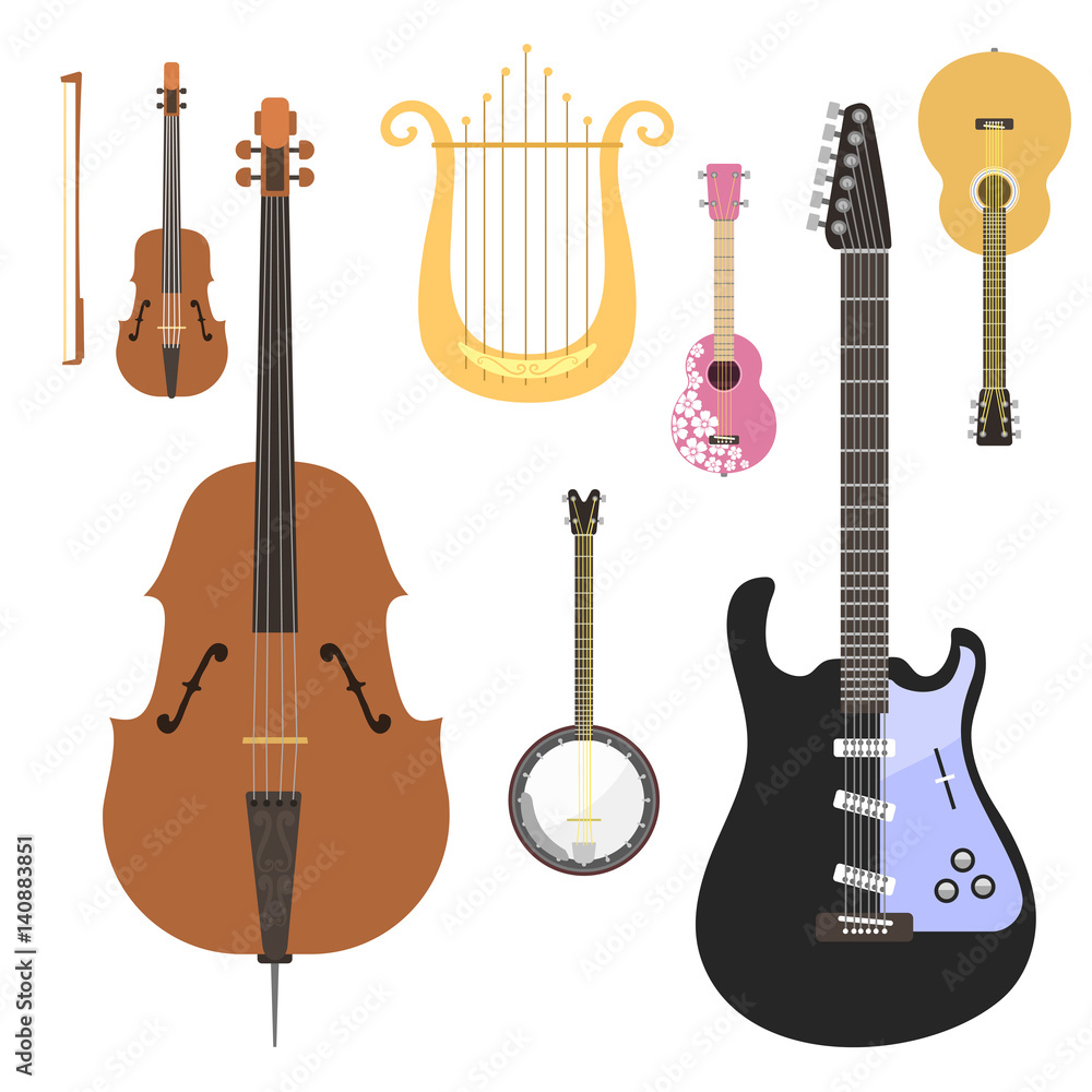 Fototapeta premium Set of stringed musical instruments classical orchestra art sound tool and acoustic symphony stringed fiddle wooden equipment vector illustration