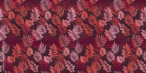 love red color tropical leaves seamless pattern in simple flat style. surface design vector illustration for print, wrapping paper, fabric, background.