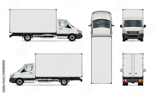 White van vector template. Isolated delivery truck. All elements in the groups have names, the view sides are on separate layers for easy editing. View from side, back, front and top.
