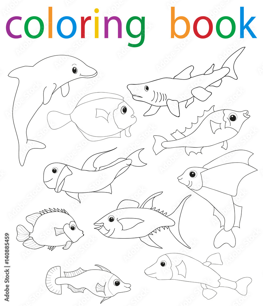 Obraz premium Vector, book coloring cartoon fish collection character