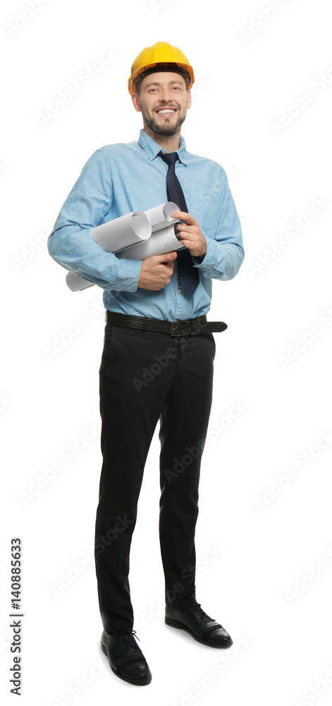 Handsome engineer in helmet on white background