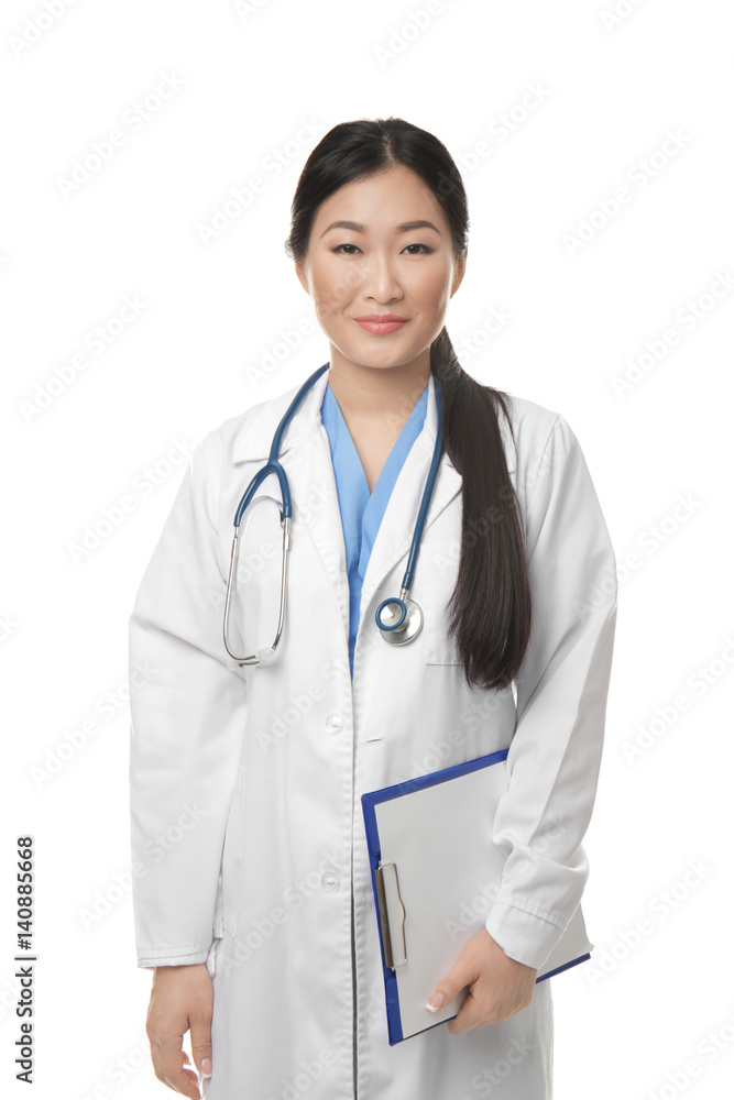 Female doctor standing on white background Female doctor standing on white background