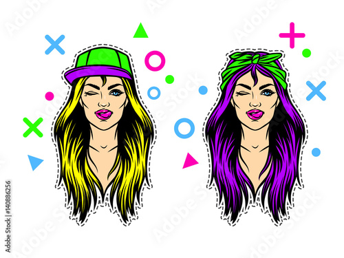 Set of two teenage girl in 90s style with open mouth and showing tongue. Colorful print of  young girl face from 90s