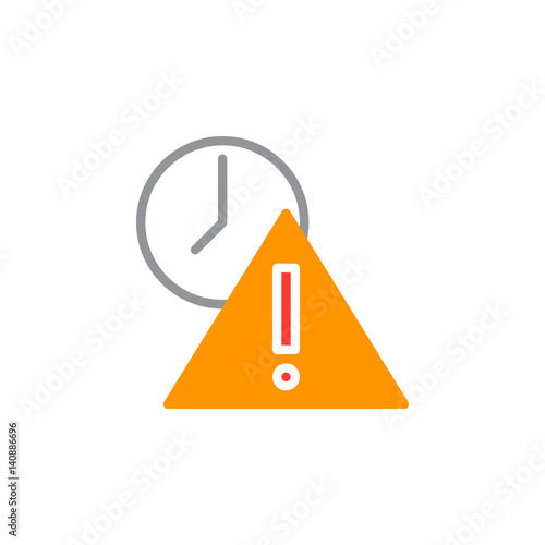 Exclamation point and clock icon vector, filled flat sign, solid colorful pictogram isolated on white. Expired symbol, logo illustration. Pixel perfect