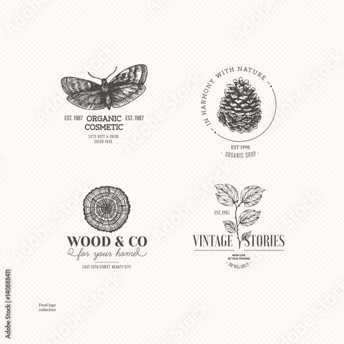 Vintage nature logo collection. Engraved logo set. Vector illustration