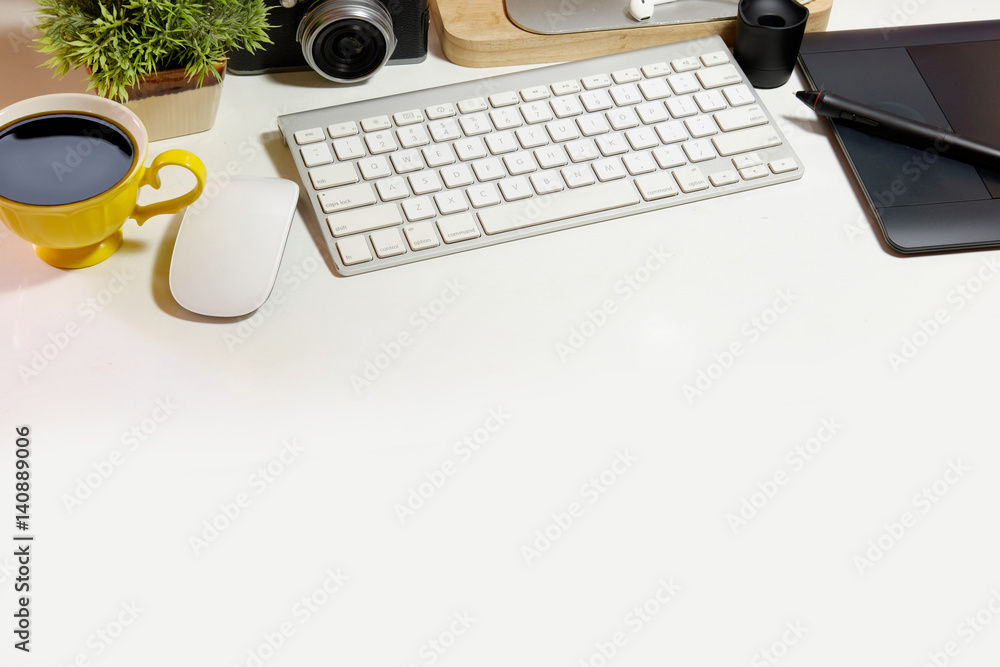 Hero Header Concept. Top view Designer stuff on White Desk with copy space for graphic or product montage. Hero Header Concept. Top view Designer stuff on White Desk with copy space for graphic or product montage.