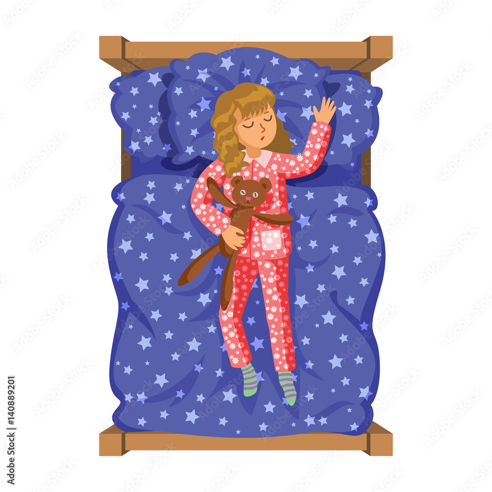 Girl sleep bedtime in his bedroom bed with teddy bear. Cartoon sleeping  baby. Good night time. Bedtime. Vector Illustration. Stock Vector | Adobe  Stock