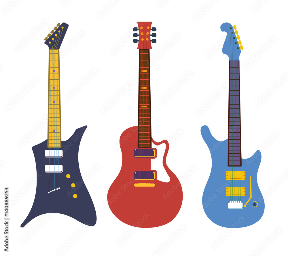 Naklejka premium Vintage bass electric rock guitars, string instruments flat vector set