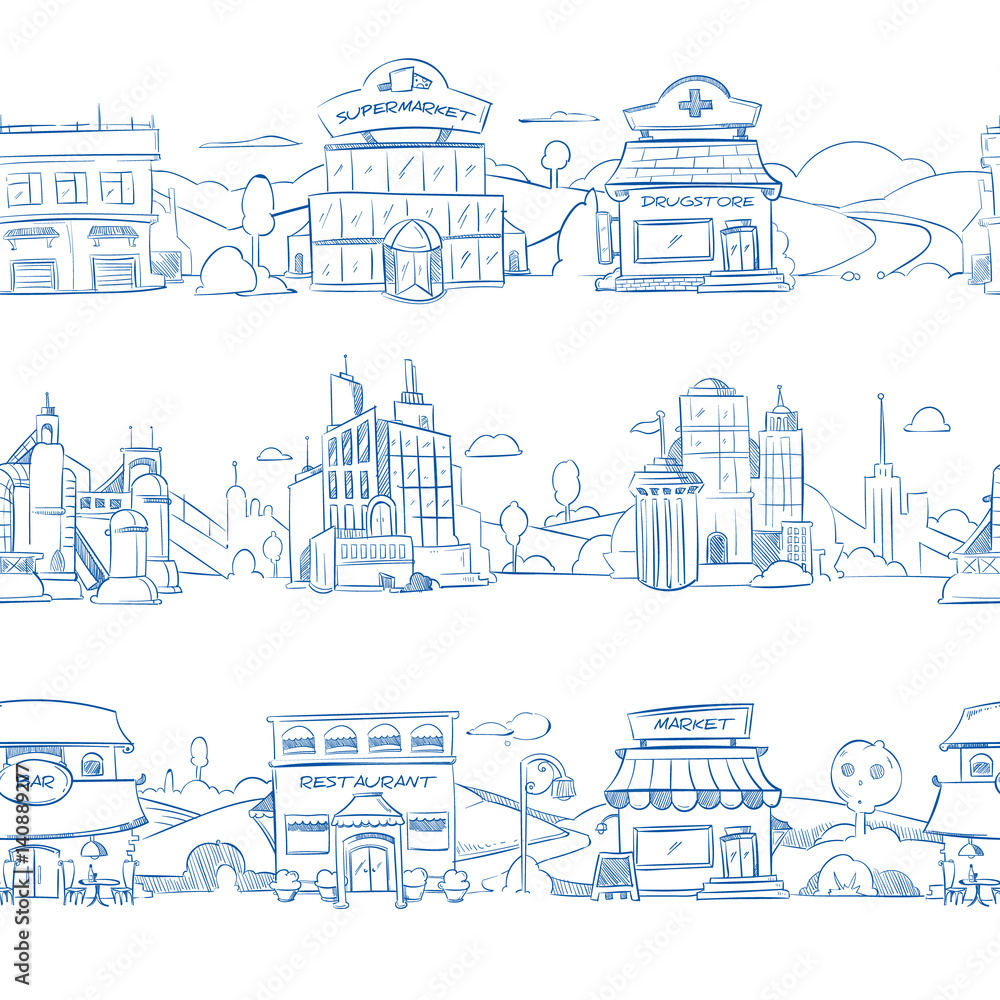 City retail buildings, store, supermarket and restaurant in hand drawn line doodle style